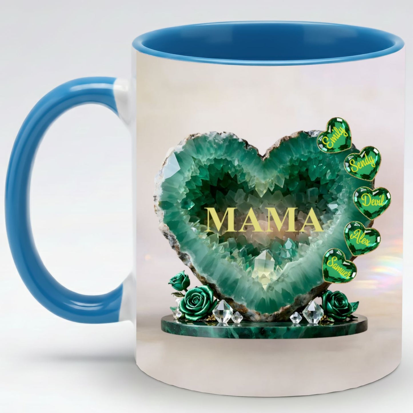 Custom Mom Mug with Kids Names – Green Crystal Heart Mama Coffee Mug