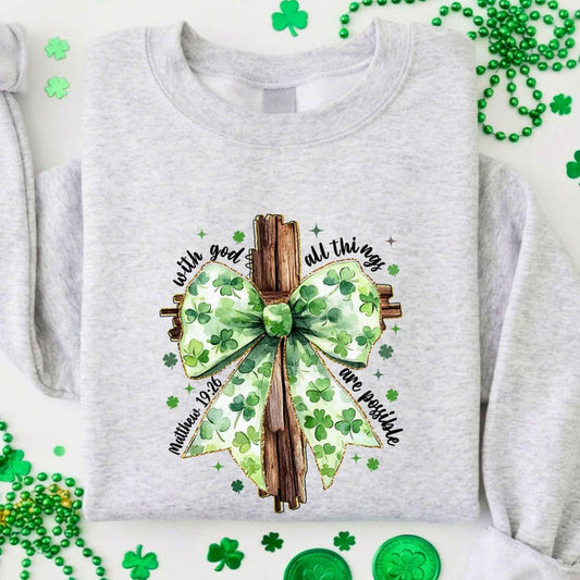 St Patricks Day Shirt,God Christian St Patricks Day Shirt,Christian Cross St Patrick's Day Sweatshirt,St. Patrick's Coquette Bow Sweatshirt