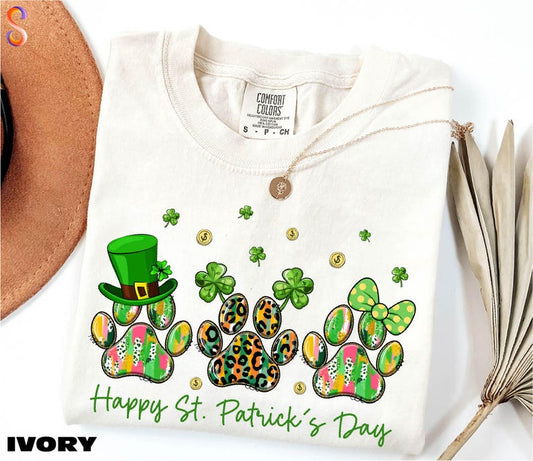 Happy St. Patrick's Day Shirt, Dog Paw Sweatshirt, Gift For Dog Lover, Lucky Dog Sweater, Dog Mom Tee, Comfort Colors T-Shirt