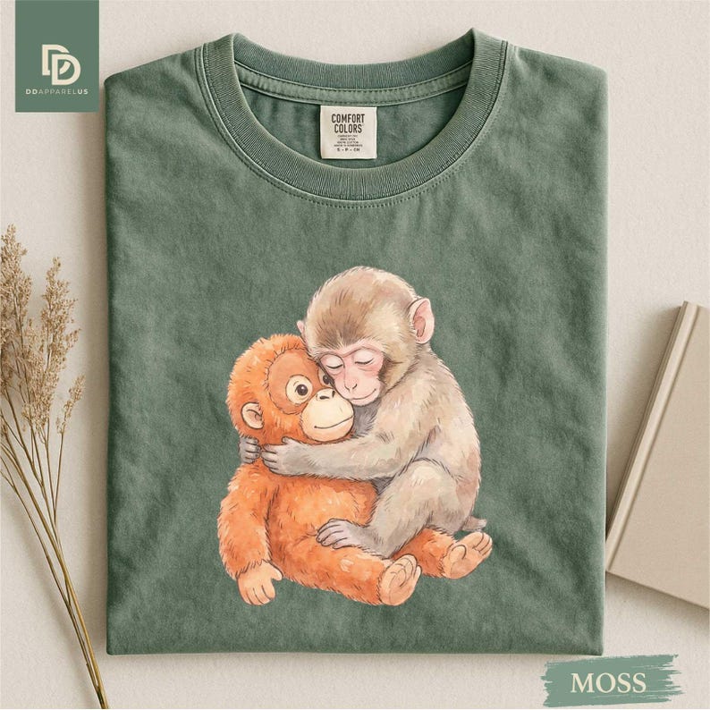 Monkey Punch Graphic Tee, Baby Monkey Plush Top, Mothers Day Tee, Animal Lover Mother Gift Cute Cozy Mom