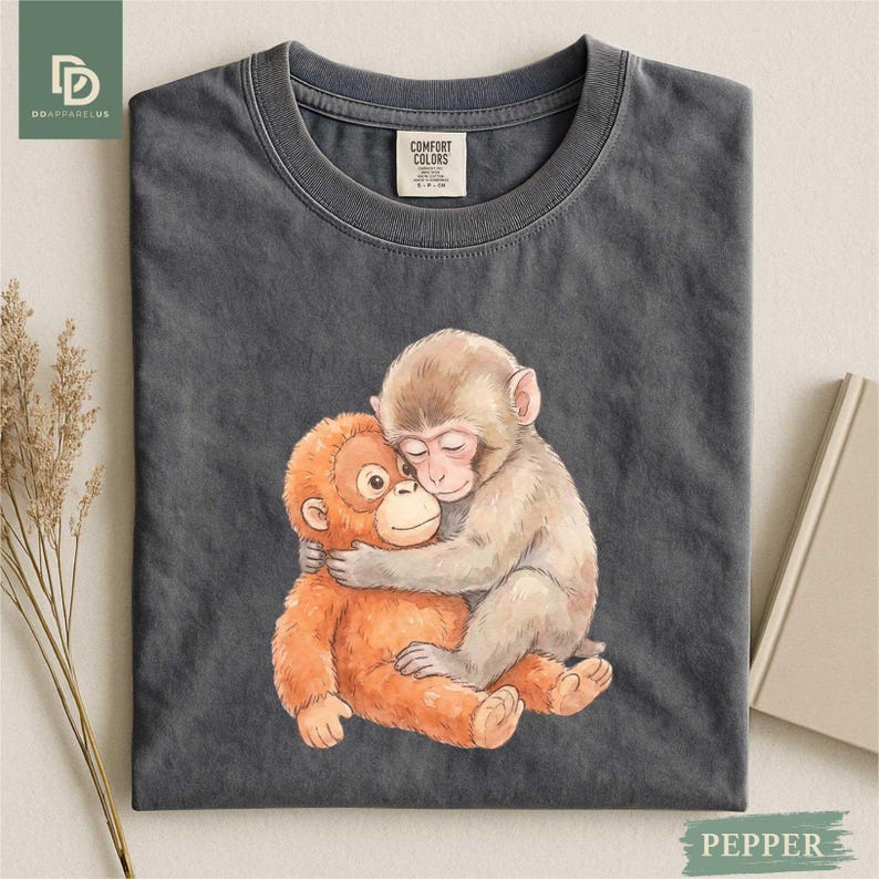 Monkey Punch Graphic Tee, Baby Monkey Plush Top, Mothers Day Tee, Animal Lover Mother Gift Cute Cozy Mom
