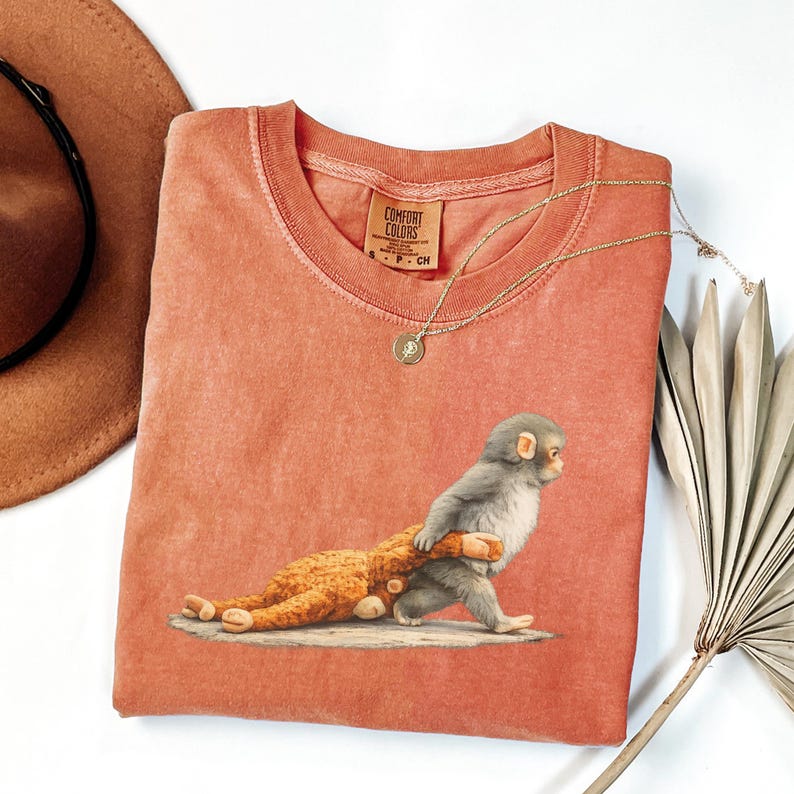 Monkey Punch Graphic Shirt, Baby Monkey Holding Plush Toy Tee, Animal Lover Gift, Cute Trendy Shirt
