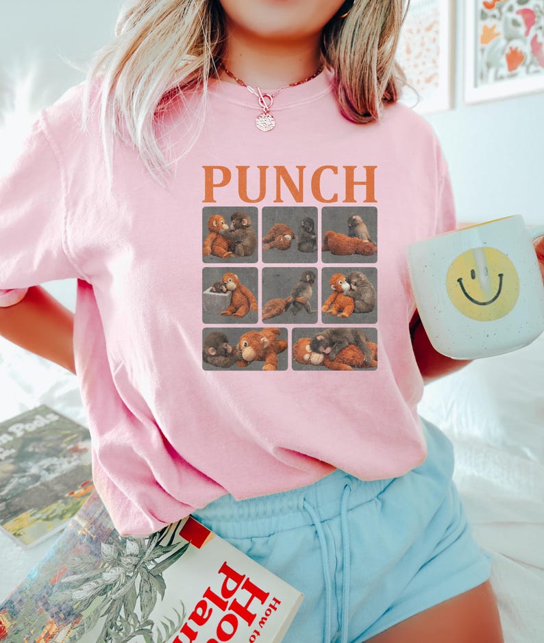 Monkey Punch Shirt, Baby Monkey Holding Plush Toy, Animal Lover Gift, Comfort Cute Cozy Tee
