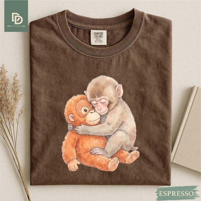 Monkey Punch Graphic Tee, Baby Monkey Plush Top, Mothers Day Tee, Animal Lover Mother Gift Cute Cozy Mom