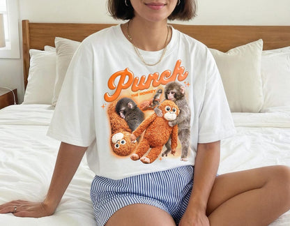 Punch The Monkey Meme Graphic T-Shirt Tee Top Baby Monkey Holding Plush Toy Retro Style Homage