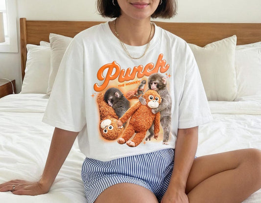 Punch The Monkey Meme Graphic T-Shirt Tee Top Baby Monkey Holding Plush Toy Retro Style Homage