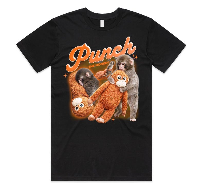 Punch The Monkey Meme Graphic T-Shirt Tee Top Baby Monkey Holding Plush Toy Retro Style Homage