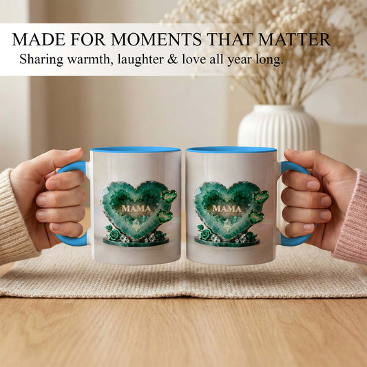 Custom Mom Mug with Kids Names – Green Crystal Heart Mama Coffee Mug
