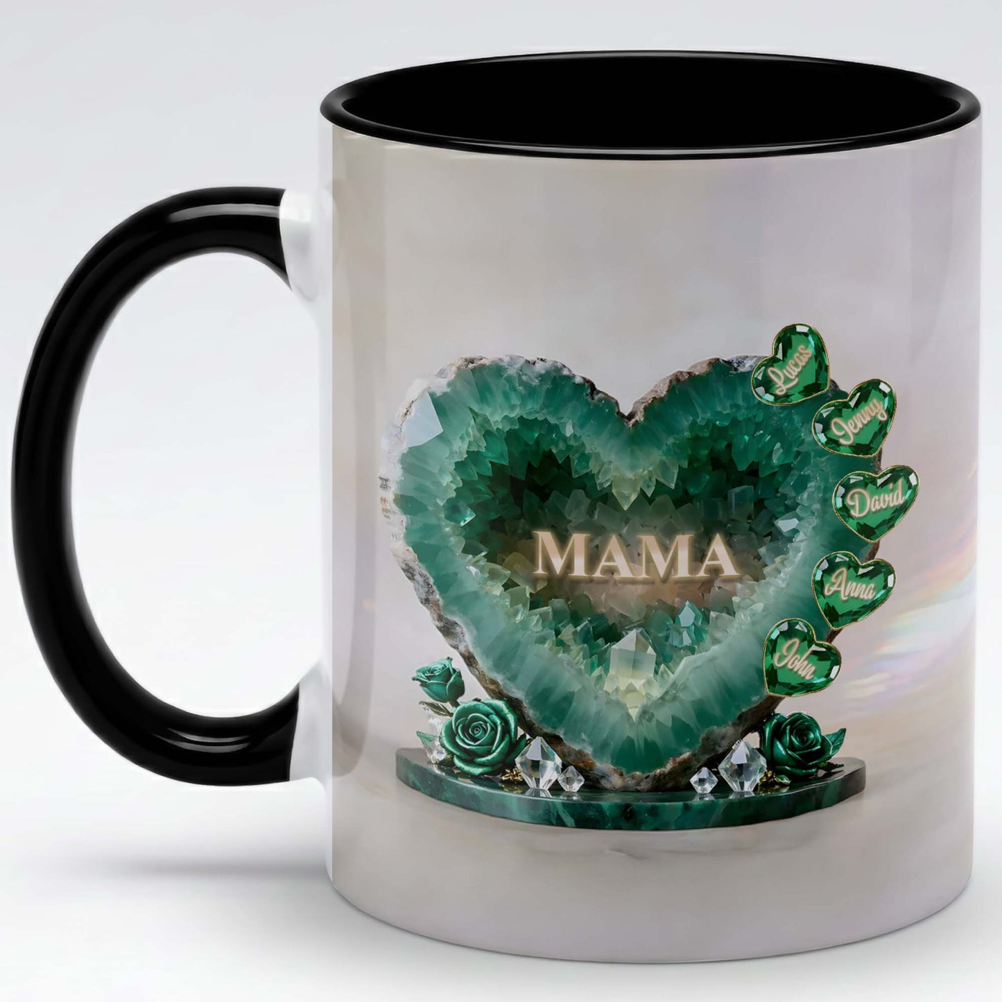 Custom Mom Mug with Kids Names – Green Crystal Heart Mama Coffee Mug